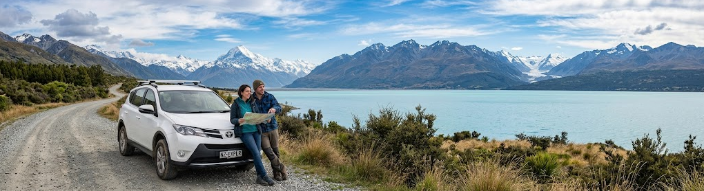 Couple checking a map beside their car at Lake Pukaki with Aoraki Mount Cook in the background, New Zealand