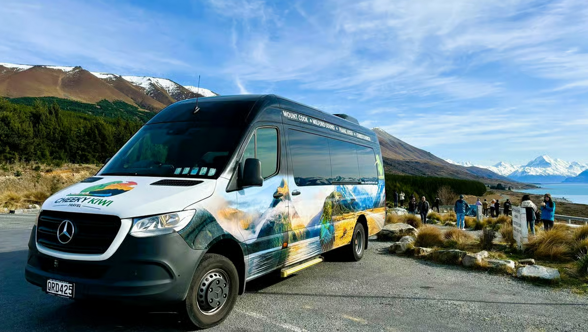 Your modern coach transport on the Cheeky Kiwi Queenstown to Aoraki Mount Cook Heli Hike And Bus Tour CheekyKiwiQueenstownMountCookHeliHikeandBusTour2