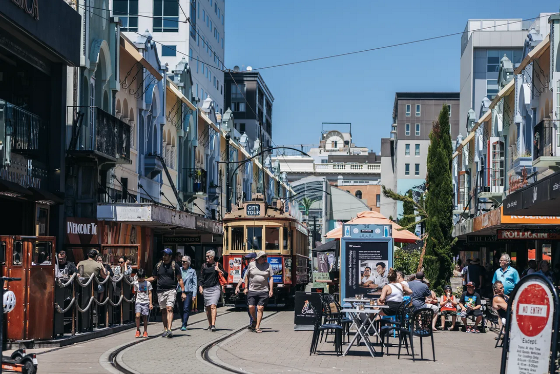 A tram meanders along New Regent Street in central Christchurch - image courtesy christchurchnz.com