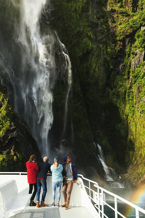 Milford Sound Boat At Waterfall Adam Bryce