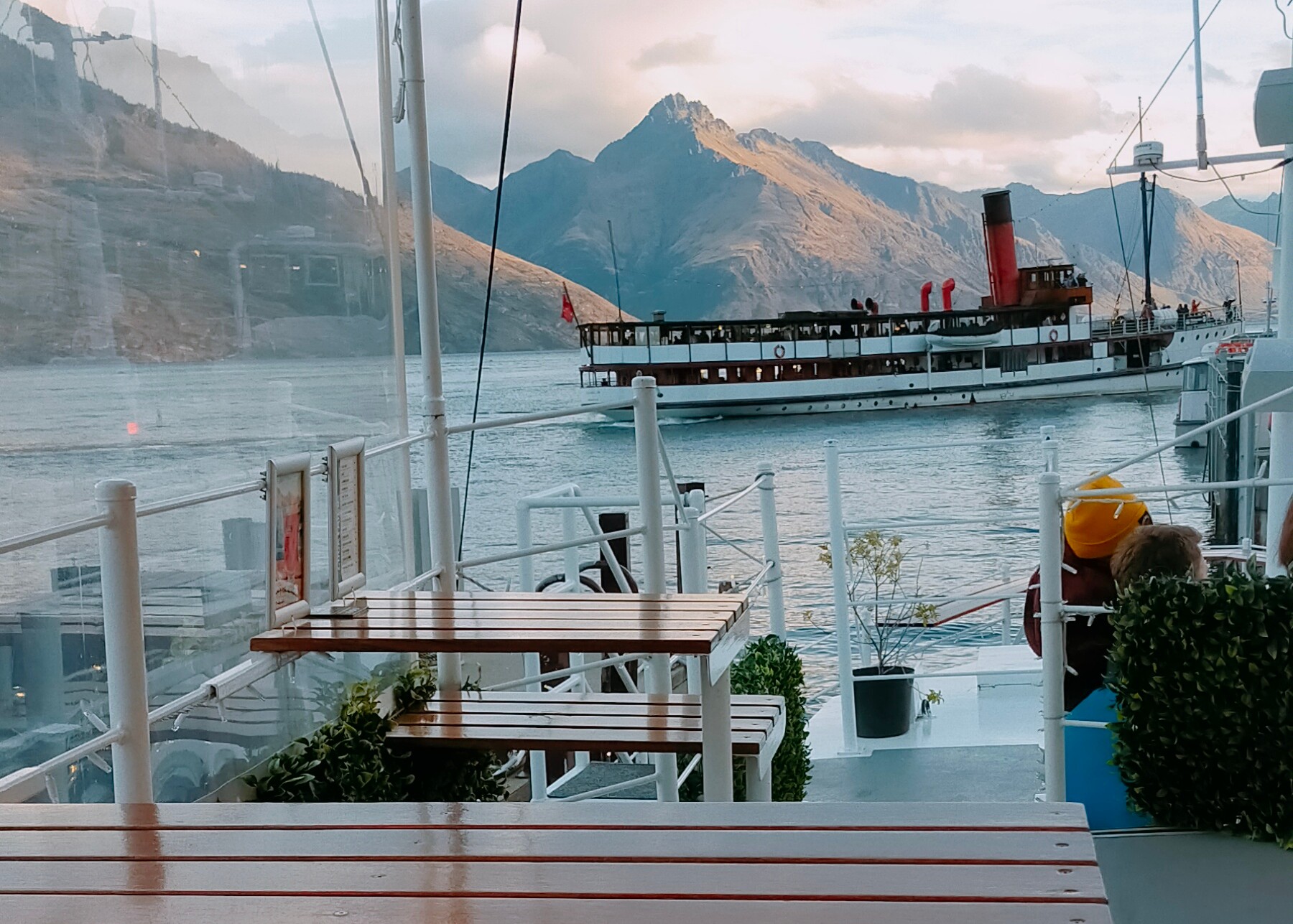 The TSS Earnslaw and the Remarkables, viewed from Perky's Floating Bar