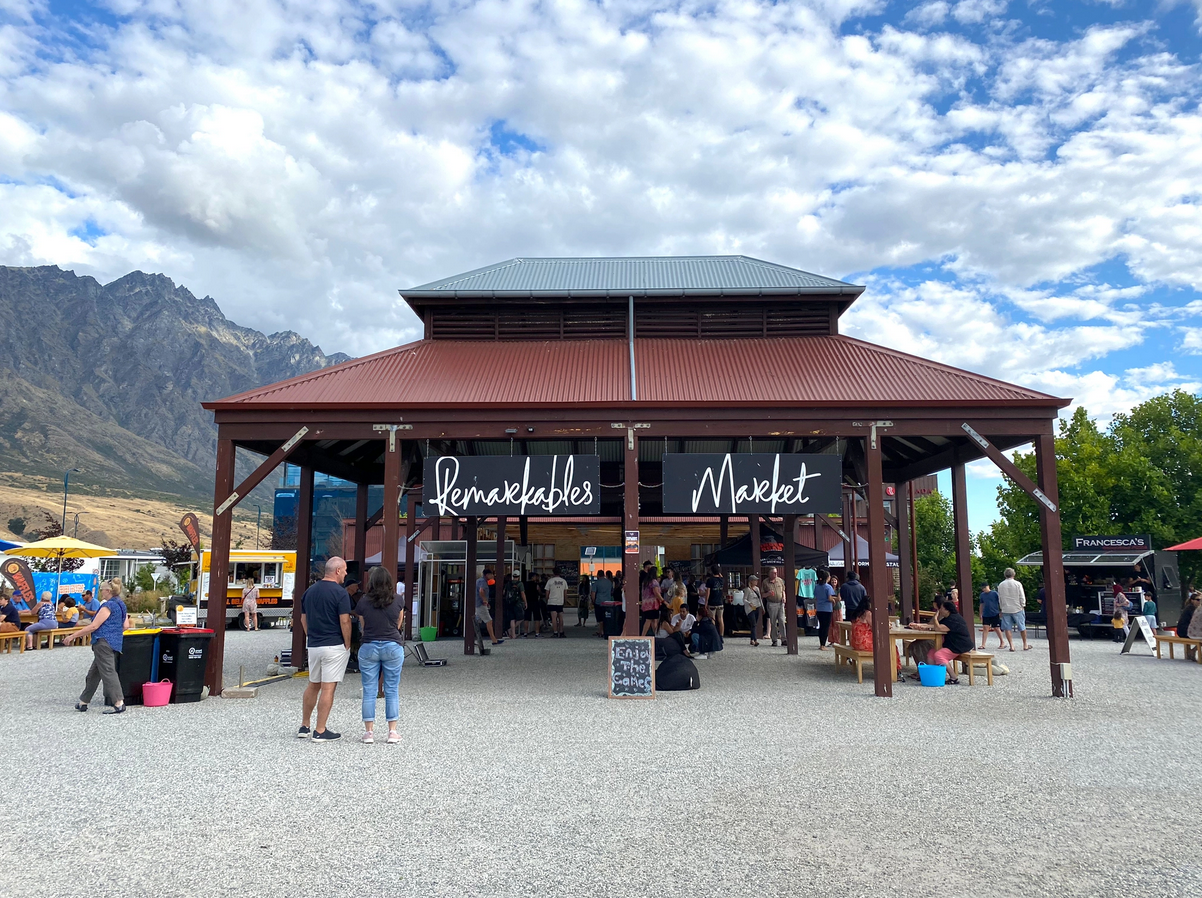 Queenstown Remarkables Market entrance at twilight